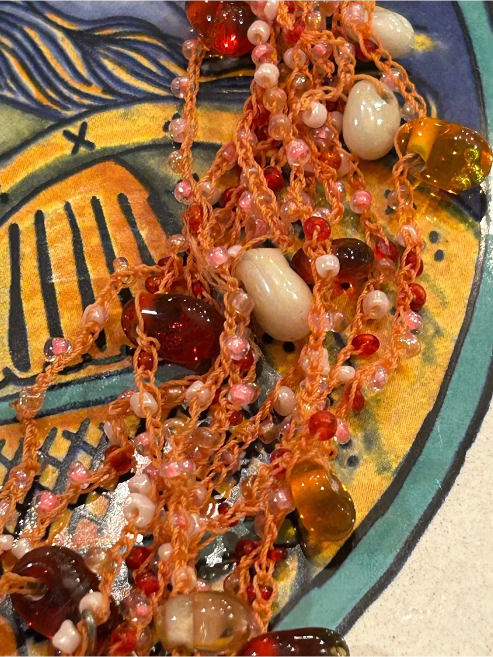 Vintage Necklace Red Branch Coral, Carnelian, glass Mermaid’s Tears woven thread
